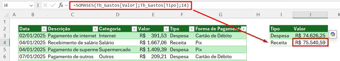 Resultado SOMASES no Excel