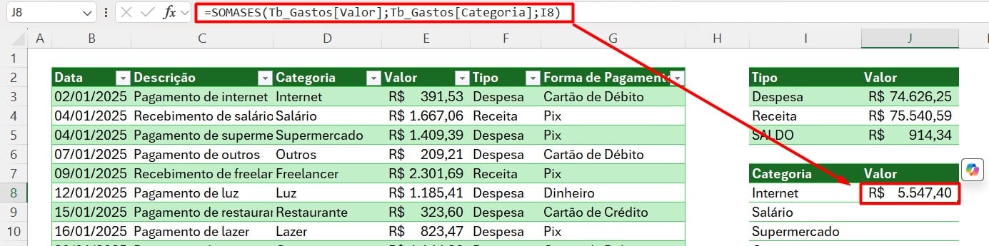 Resultado SOMASES no Excel