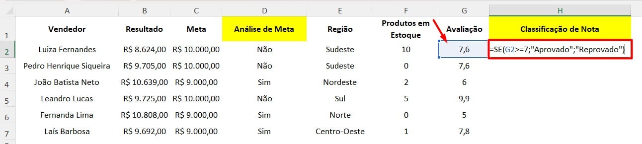 Classificação de Notas com a Função SE no Excel