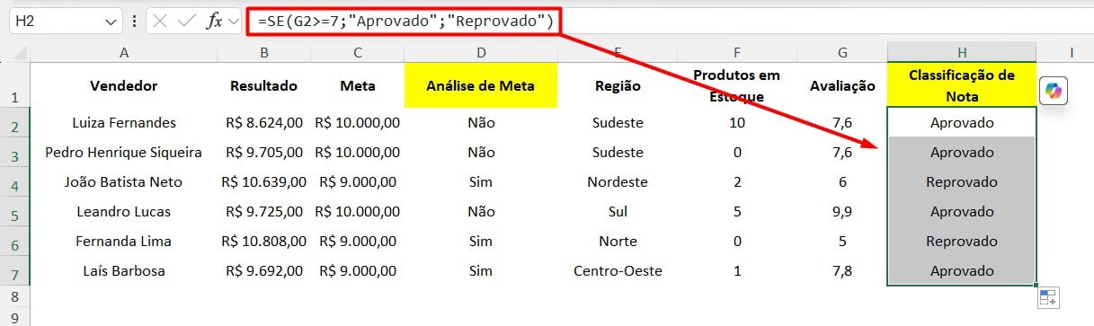 Classificação de Notas com a Função SE no Excel