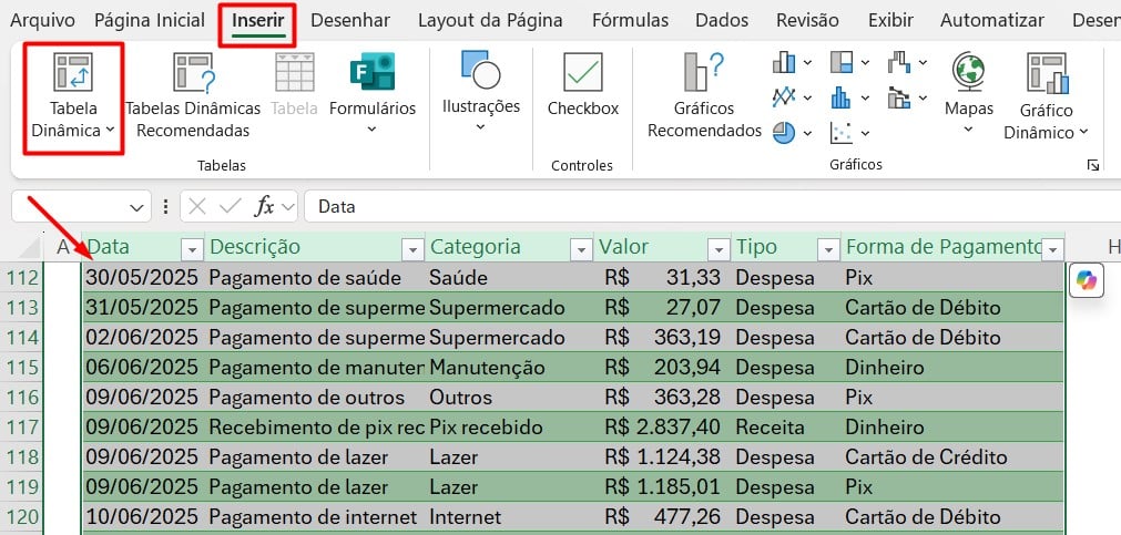 Inserindo Tabela Dinâmica no Excel