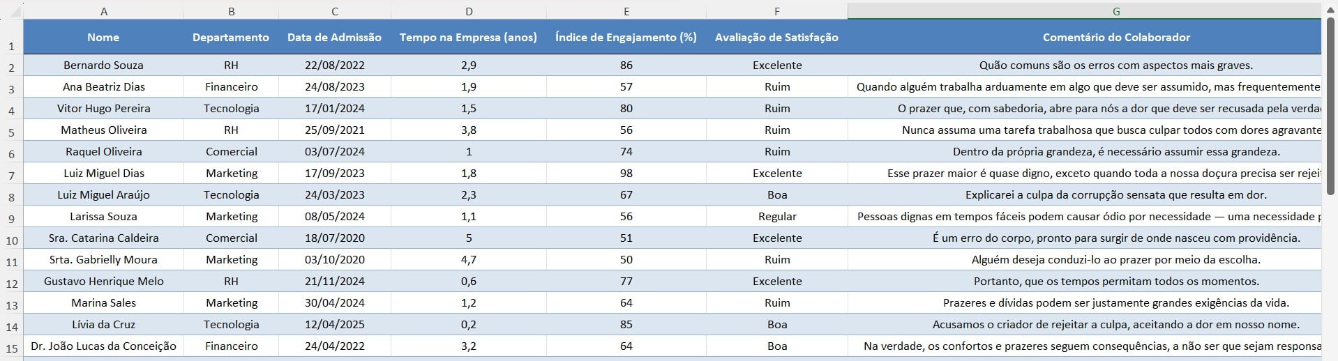 Modelo de Tabela Employee Experience no Excel