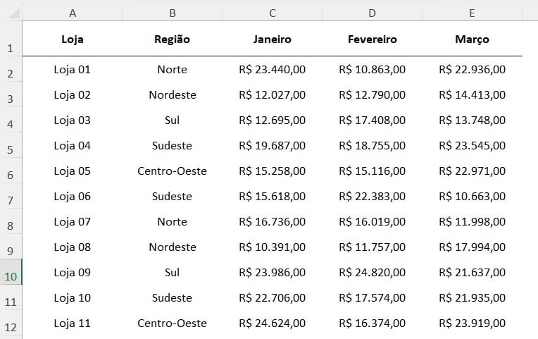 Registro de Vendas de um Trimestre no Excel