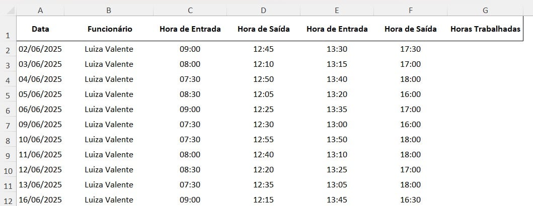 Tabela com o Registro Ponto no Excel