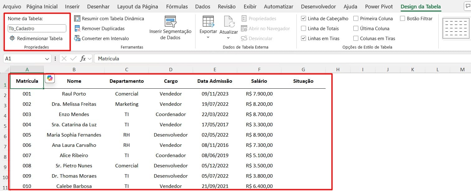 Tabela com o Registro de Colaboradores no Excel