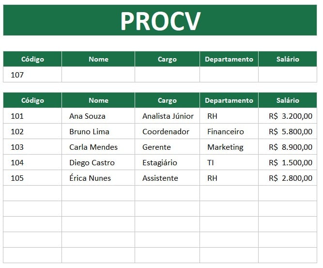Tabela com o Registro de Funcionários no Excel