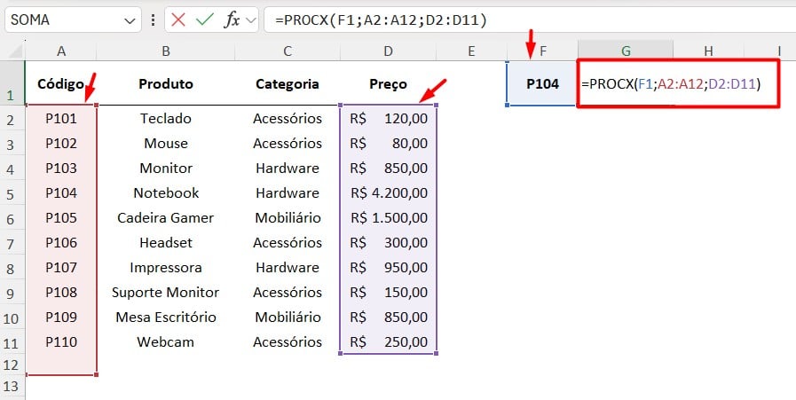 Aplicando a Função PROCX no Excel