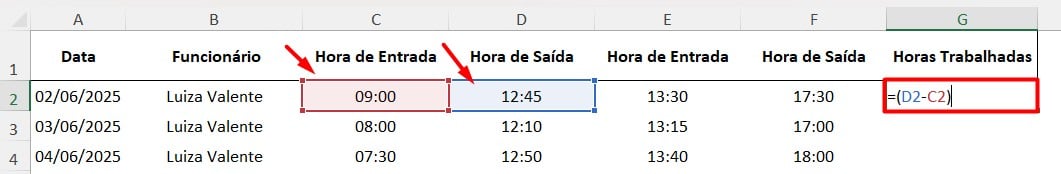 Cálculo de Horas Trabalhadas no Excel