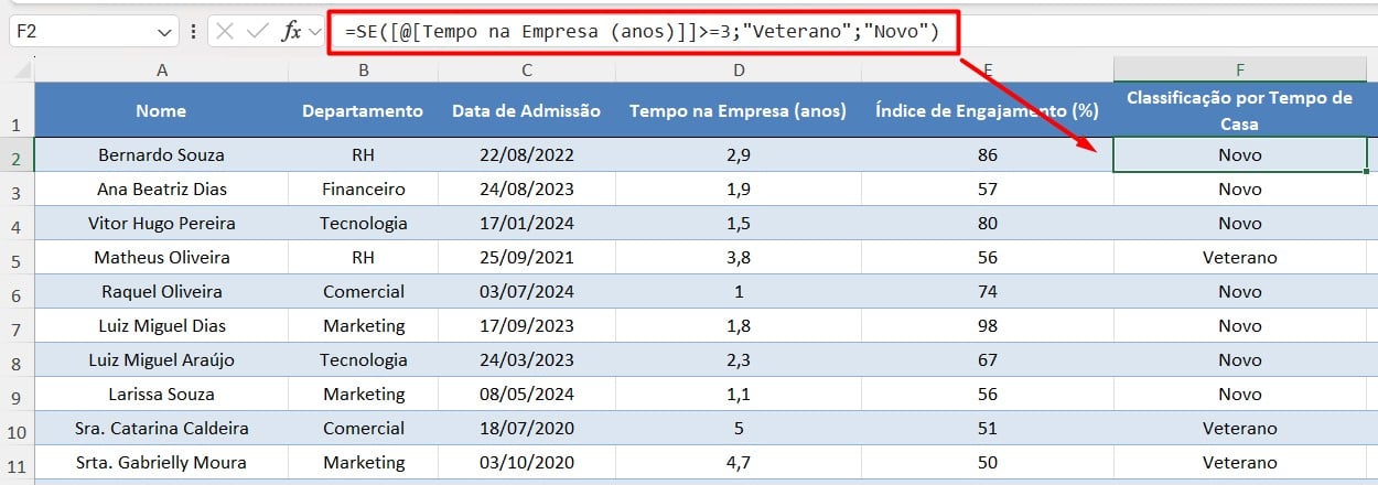 Classificação de Funcionários por Tempo de Casa no Excel