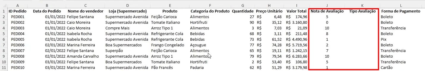 Coluna com Nota de Avaliação no Excel