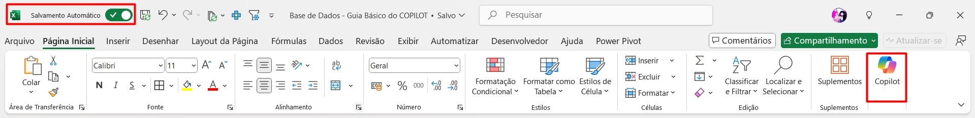 Copilot e Salvamento Automático no Excel