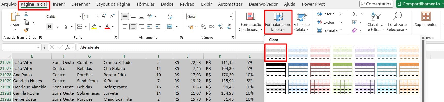 Formatando Dados como Tabela no Excel