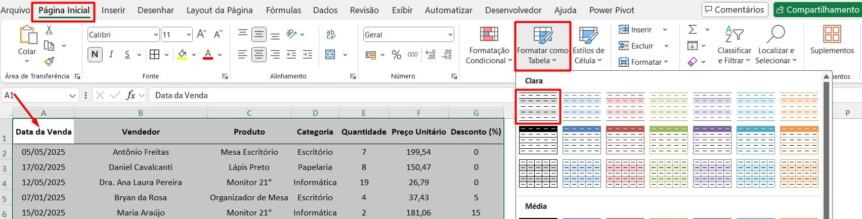 Formatando Dados como Tabela no Excel