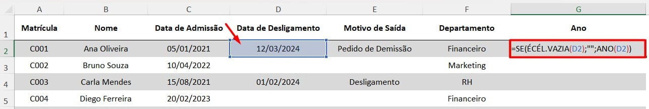 Função ANO no Excel
