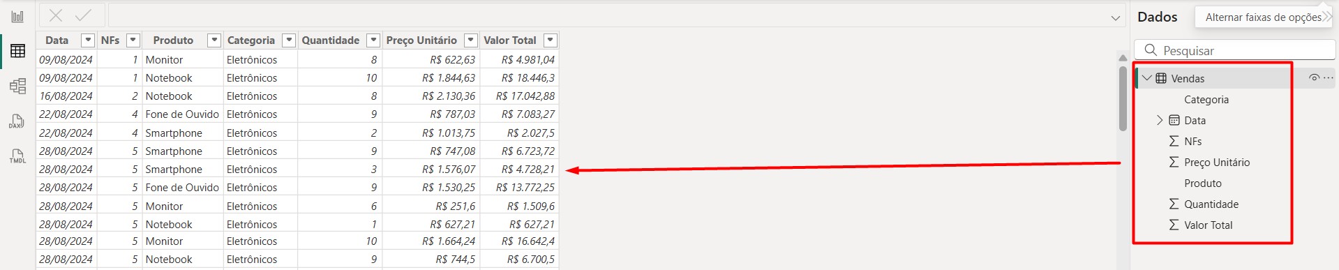 Tabela com o Registro de Vendas no Power BI