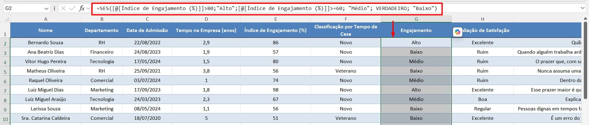 Classificação de Funcionários por Índice de Engajamento no Excel