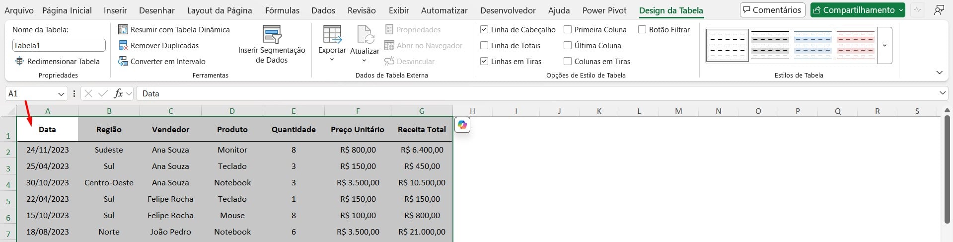 Dados Formatado Como Tabela no Excel