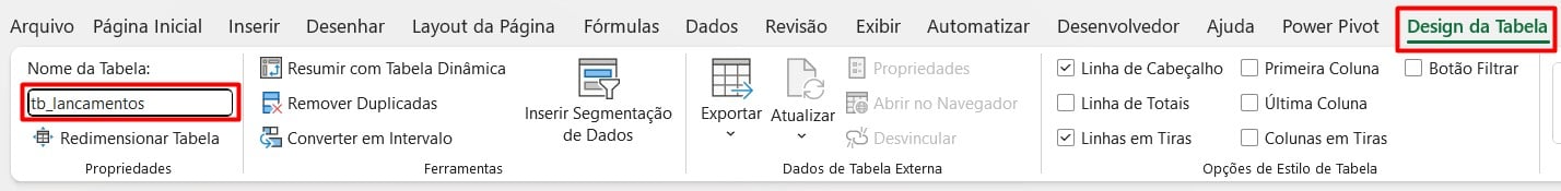 Nomeando Tabela no Excel