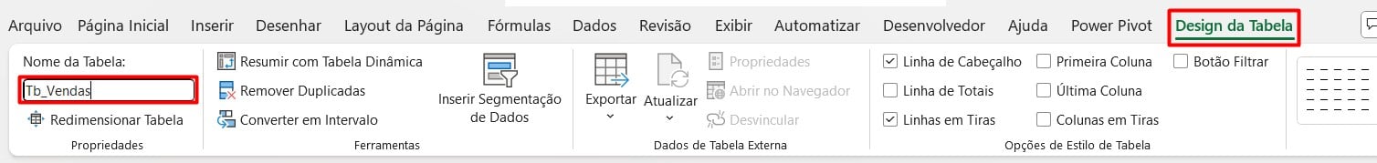 Nomeando Tabela no Excel