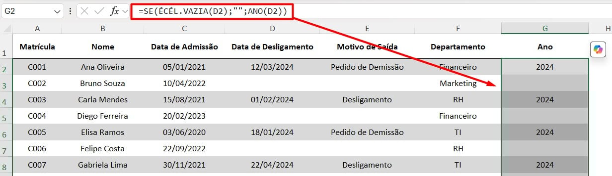 Resultado da Função ANO no Excel