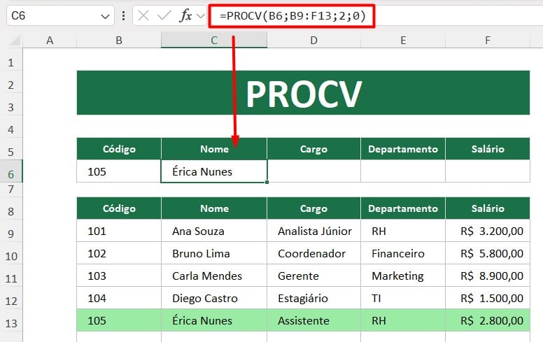 Resultado da Função PROCV no Excel