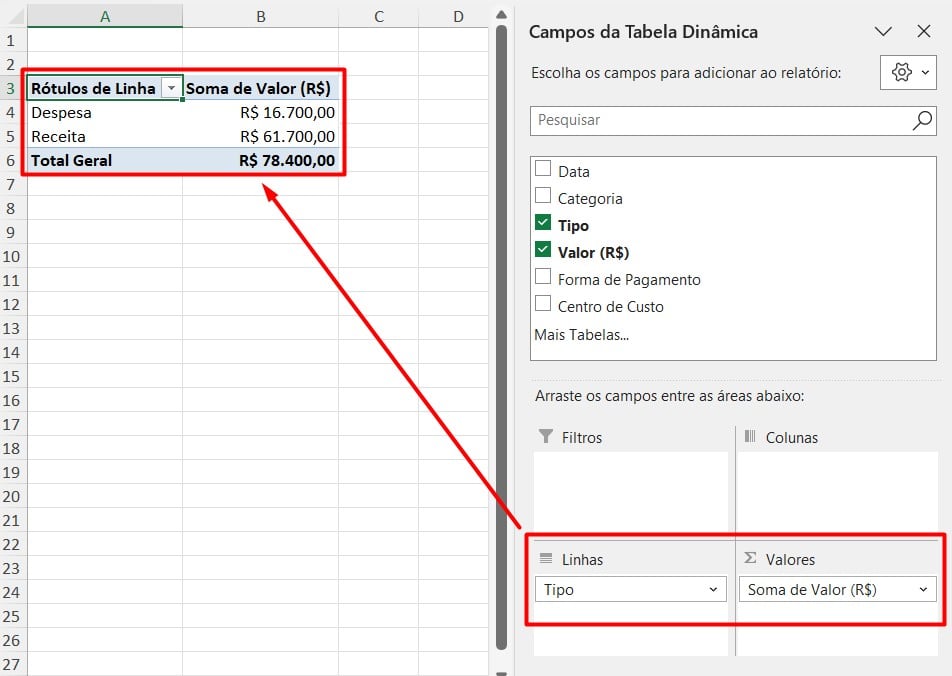 Total de Despesas e Receitas com a Tabela Dinâmica no Excel