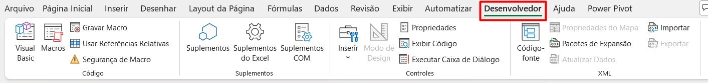 Aba de Desenvolvedor no Excel