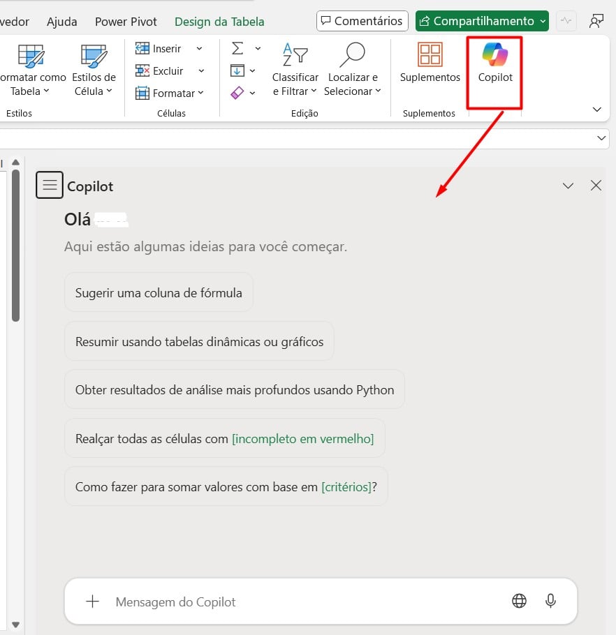 Caixa de Perguntas do Copilot no Excel
