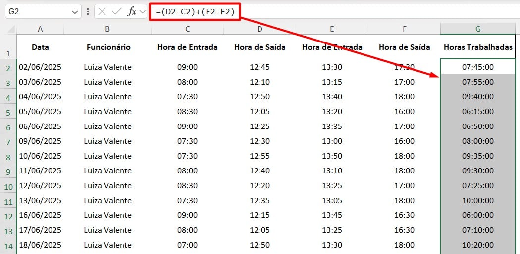 Cálculo de Horas Trabalhadas no Excel