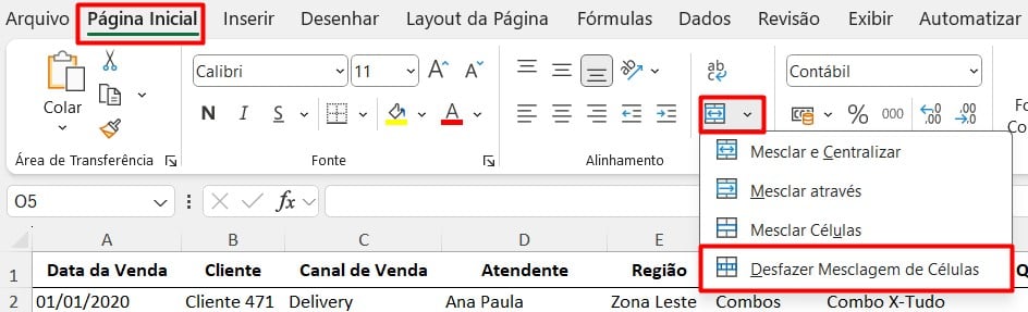 Desfazendo Mesclagem de Células no Excel