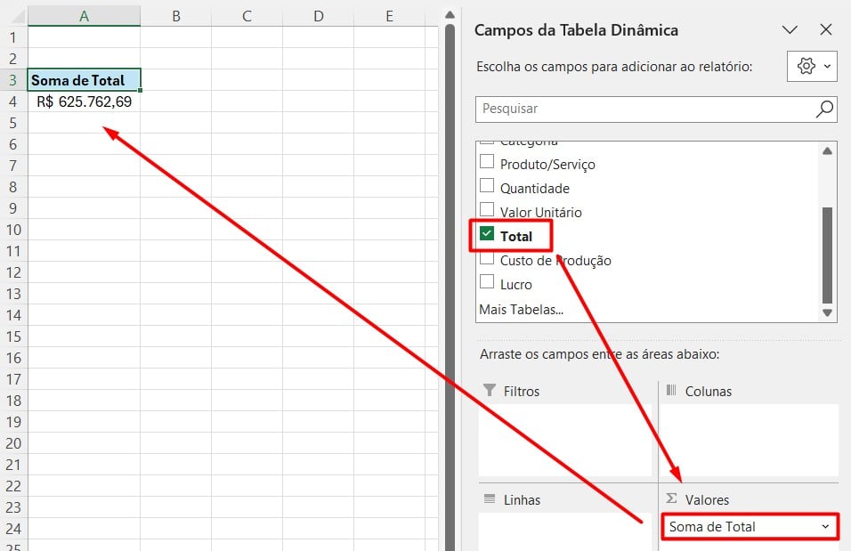 Total de Faturamento com Tabela Dinâmica no Excel