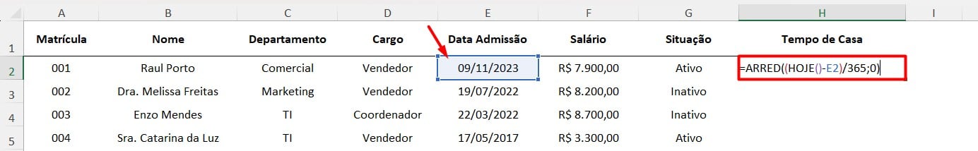 Fórmula para Calcular o Tempo de Empresa no Funcionário no Excel