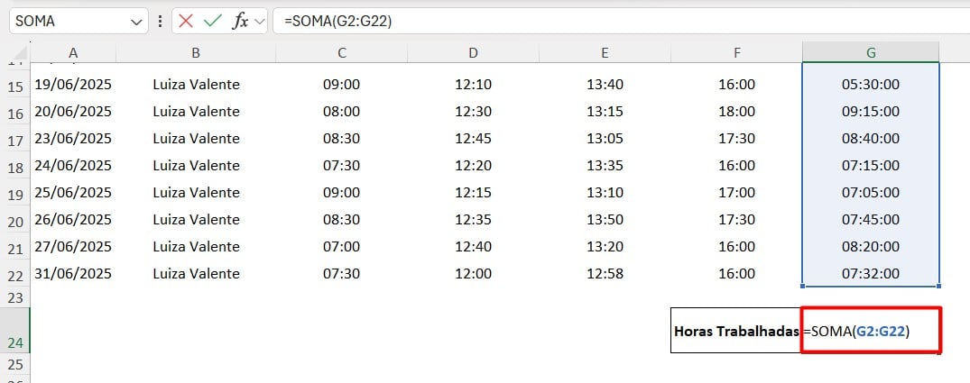 Função SOMA para Calcular Horas Mensais no Excel
