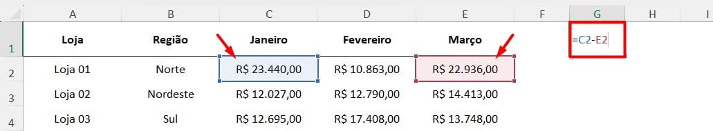 Subtração no Excel