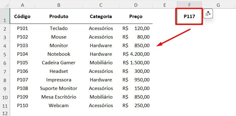 Tabela com Registro de Produtos no Excel