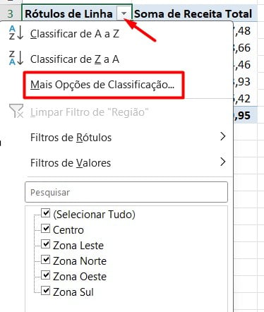 Classificando Dados na Tabela Dinâmica no Excel