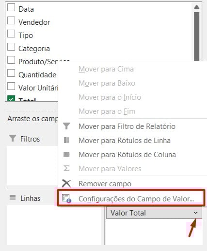 Configurando o Campo de Valor na Tabela Dinâmica do Excel