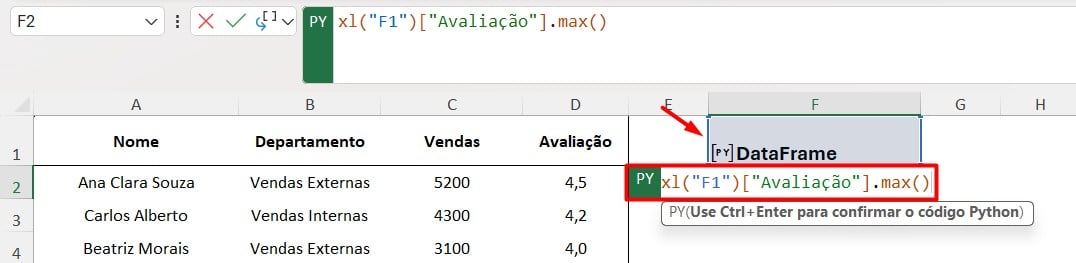 Criando Código de Python no Excel para Valor Máximo