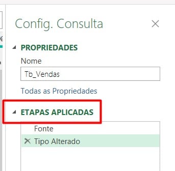 Etapas Registradas no Power Query