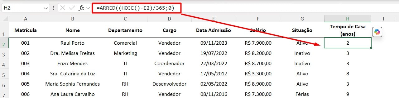 Fórmula para Calcular o Tempo de Empresa no Funcionário no Excel