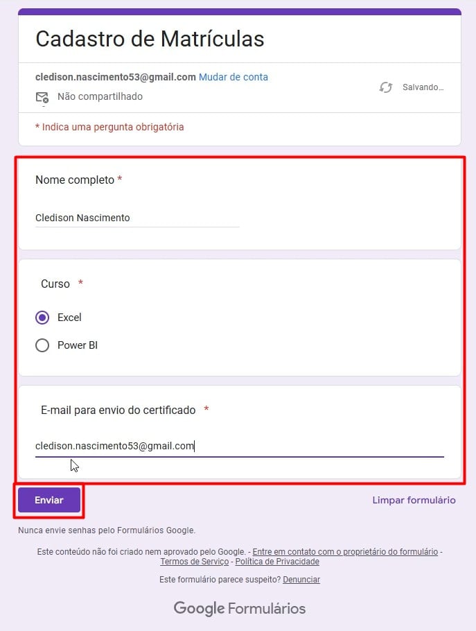 Preenchendo Dados no Google Forms