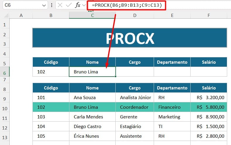 Resultado da Função PROCX no Excel