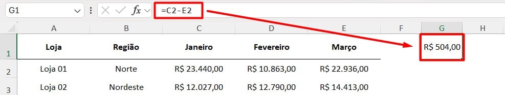 Subtração no Excel