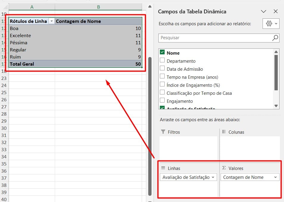 Tabela Dinâmica com o Quantidade de Colaborador por Nível de Satisfação no Excel
