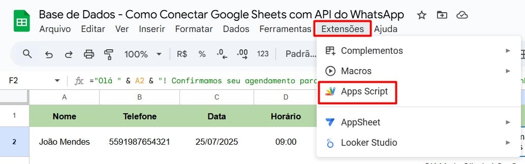 Acessando o Apps Script no Google Sheets