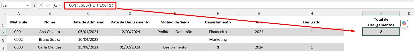 Resultado Função CONT.SES no Excel