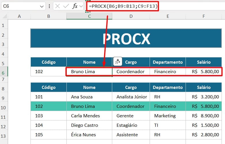 Resultado da Função PROCX no Excel