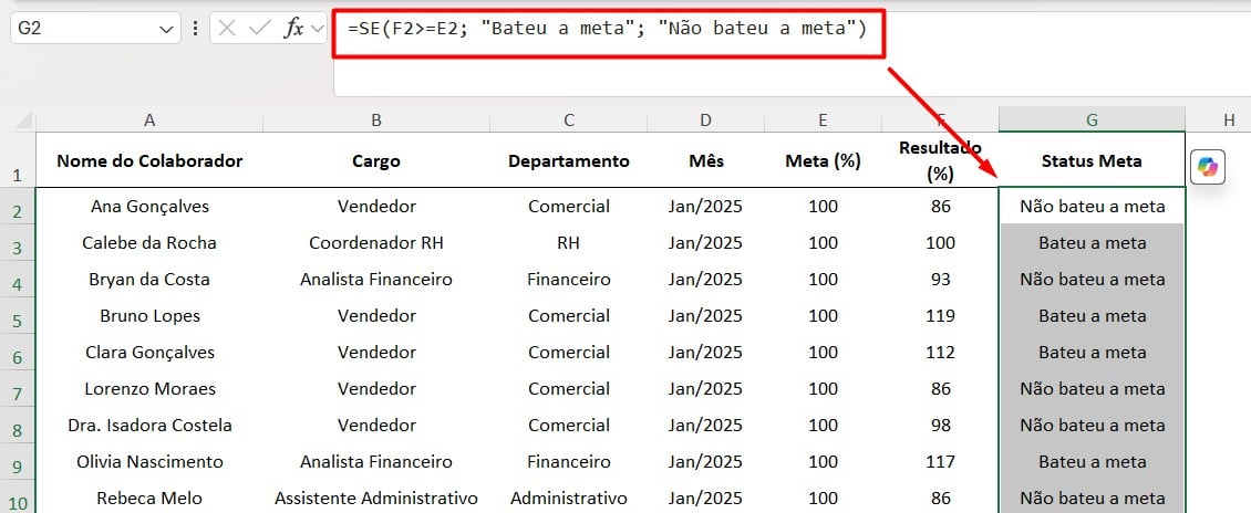Status da Meta no Excel com o DeepSeek