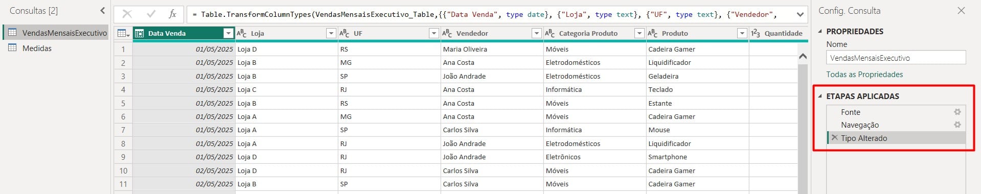 Conferindo Etapas Aplicadas do Power Query