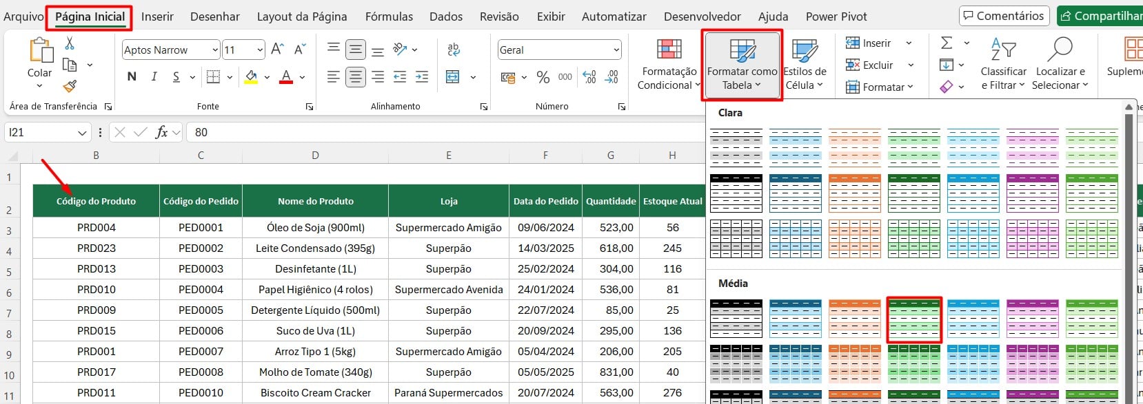 Formatando Dados como Tabela no Excel